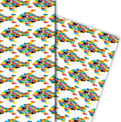 Produktbild von Modernes Sommer Geschenkpapier mit buntem Fisch Schwarm auf weiß - G7525, 32 x 48cm