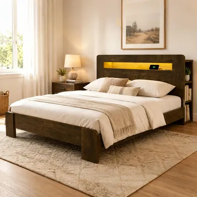 Produktbild von MODFU Doppelbett 140 x 200 Jugendbett mit LED und Steckdosen,Stauraumbett Bettgestell mit Stauraum im Kopfteil,ohne Matratze,Holzfarbe