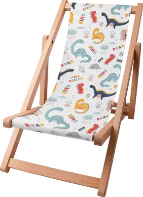 A children's deck chair with a dinosaur pattern.