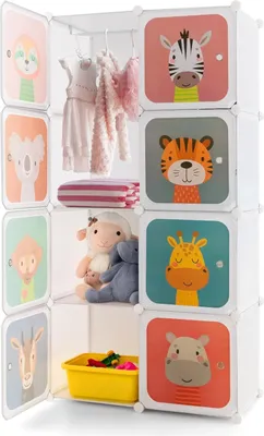 Produktbild von Kinderkleiderschrank mit 8 Würfeln, Kinder Kleiderschrank Regalsystem aus Kunststoff, Kinderschrank mit Türen & Kleiderstange für Kinderzimmer, 75x37x145cm (8 Würfeln - Tier)