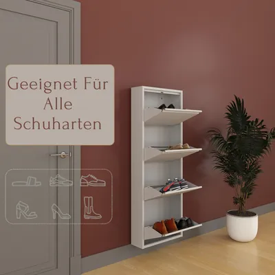 Produktbild von Furni24 Metall Schuhschrank Grau schmal – Schuhkipper mit 4 Klappen (für 8-12 Paar Schuhe), Schuhregal für Flur & Diele, platzsparend, vormontiert
