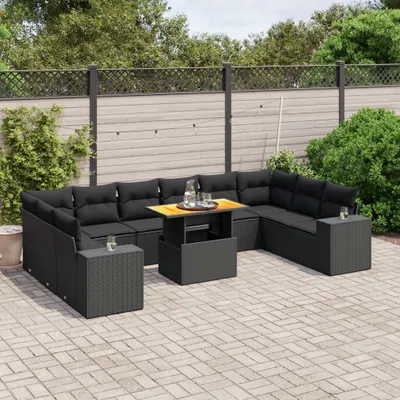 Produktbild von Design 11-tlg. Garten-Sofagarnitur mit Kissen Schwarz Poly Rattan, Gartenmöbel-Sets 2024 Neu