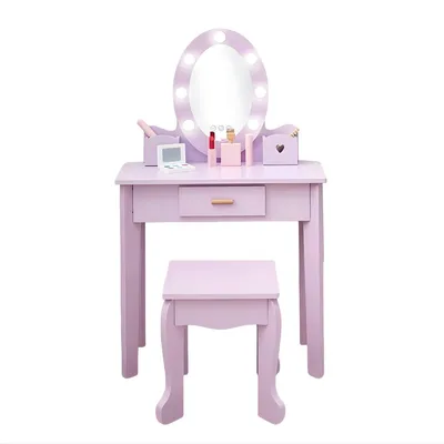 Productafbeelding van Kindermake-up tafel met krukje en verlichting – Schminktafel voor meisjes – Speeltafel voor make-up in lichtroze