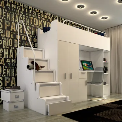 Produktbild von Marlux-Meble Hochbett JSM-4 80x190 mit Kleiderschrank Schreibtisch und Treppe Hochglanz Kinderbetten Funktionsbett Etagenbett Stockbett Kinderhochbett Jugendhochbett (Beige Glanz)