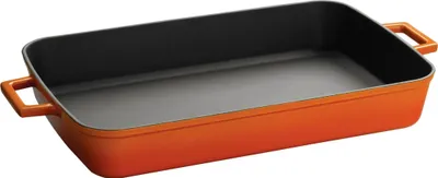 An orange roasting pan with black interior and gray base, shown from a slightly elevated angle.