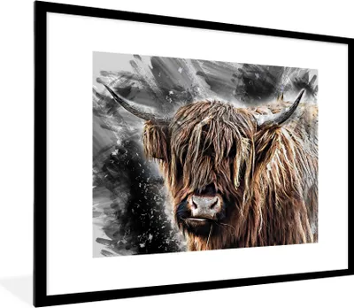 Produktbild von MuchoWow® Gerahmtes Poster Schottischer Highlander - Tiere - Farbe 80x60 cm - Poster mit Schwarzem Bilderrahmen Wandposter Rahmen Foto Bilder - Schlafzimmer-Dekorationen - Fotoposter