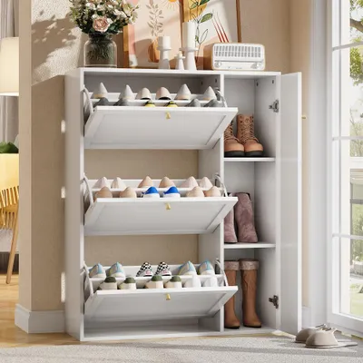 Produktbild von Schuhschrank mit verstellbaren Regalen, 3 Klappen und 1 Tür, Schuhkipper Schmal, für Eingang Wohnzimmer, modern, Weiß, 90x25x114cm