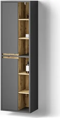 A tall, narrow bathroom cabinet with a gray exterior and open wooden shelves.