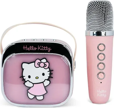 A pink Hello Kitty karaoke speaker and microphone set.
