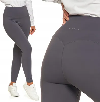 A woman wearing gray leggings and white sneakers, with a close-up inset of the leggings.