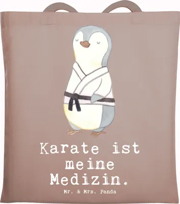 Produktbild von Mr. & Mrs. Panda Tote Bag Pinguin Karate - Braun Pastell - Geschenk, Tasche, Laptoptasche, Schultasche, Kampfsportart, canvas, Shopping, Verein, Selbstverteidigung