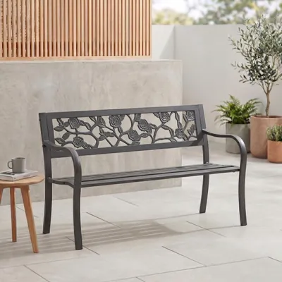 Immagine prodotto di Panca da giardino in acciaio, 3 posti, colore nero, resistente agli agenti atmosferici, ideale per giardino e balcone