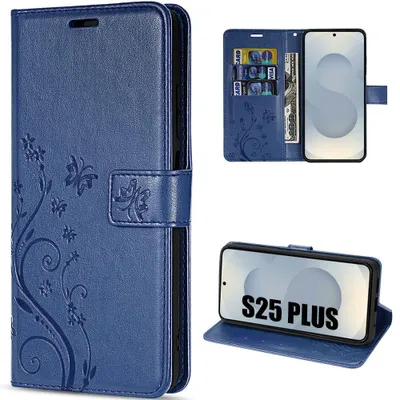 Image de Coque pour Samsung Galaxy S25 Plus (S25+) Protection Antichoc Anti-Rayures CuirPolyuréthaneBleu Foncé Motif Fleur Papillon