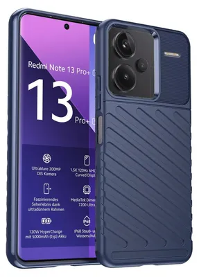 A smartphone with a blue protective case is shown, with some of its features listed on the phone's screen.