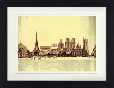 Obrázok produktu pre Paríž Zarámovaný obraz s elegantným paspartou | Obrazy na stenu | V rámčeku - Koláž mesta, Vintage štýl (30 x 40 cm)
