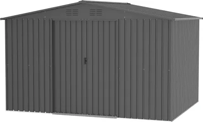 A dark gray metal garden shed with double doors and a pitched roof.