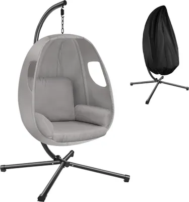Produktbild von Tectake Anika Hängesessel, hellgrau, 100x97x201 cm, für Innen- & Außenbereich, aus pulverbeschichtetem Stahl & Polyester, inkl. Schutzhülle, drehbarer Korb, höhenverstellbar