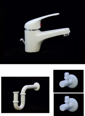 Produktbild von Waschtisch Bad Wasserhahn Armatur Siphon 2 Eckventile Weiss