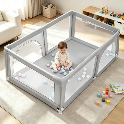 Produktbild von Laufstall Baby Laufgitter 180x120cm Rutschfester Absperrgitter mit Atmungsaktive Netz Schutzgitter Kind Playpen Set mit Bällen hellgrau