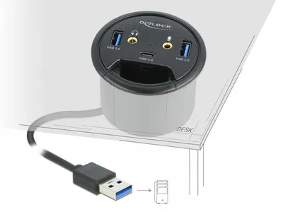 Produktbild von DeLOCK 3 Port Tisch-Hub 1 x USB Type-C und 2 x USB Typ-A + HD-Audio Ports, Schwarz, China