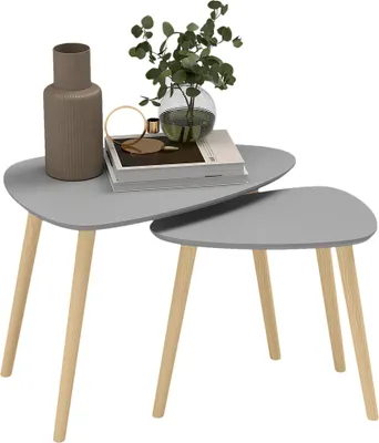Image de lot de 2 tables de salon - triangulaire - bois, moderne minimaliste - 59,5×39,5×45 et 44,5×28,5×40 cm - gris clair