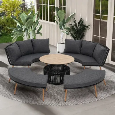 Produktbild von Casa Padrino Luxus Garten Möbel Set Grau / Naturfarben - 2 Gartensofas & 2 Gartenbänke & 1 Gartentisch