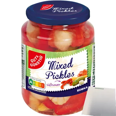 Produktbild von Gut & Günstig Mixed Pickles süß-sauer eingelegt (330g Glas) + usy Block