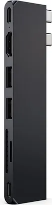 A side view of a black USB-C hub with multiple ports.