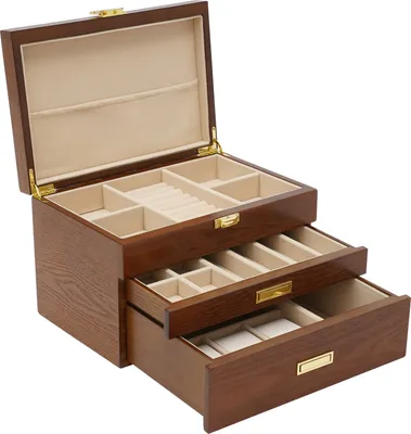 Produktbild von Schmuckkasten mit 2 ausziehbaren Schubladen Holz 3 Ebenen Schmuckvitrine Schmuckkästchen Schmuckkoffer Geschenk (braun) für Damen Mädchen
