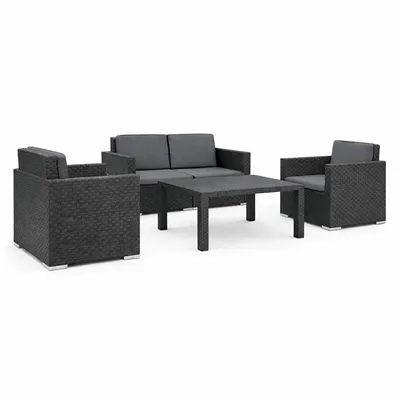 Immagine prodotto di Set da salotto 4 pezzi grigio antracite – Mobili da giardino effetto rattan, in plastica, con cuscini inclusi, tavolo, per balconi e terrazze