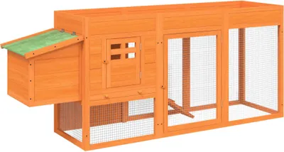 A wooden chicken coop with a green roof, shown from a side angle against a white background.