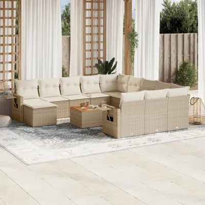 Produktbild von Design 13-tlg. Garten-Sofagarnitur mit Kissen Beige Poly Rattan, Gartenmöbel-Sets 2024 Neu