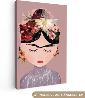 Produktbild von MuchoWow® - Leinwandbilder - Pastell - Frau - Blumen - Kunst - Frida Kahlo, Wandbild, Wanddeko Bilder Wohnzimmer, 60x90 cm