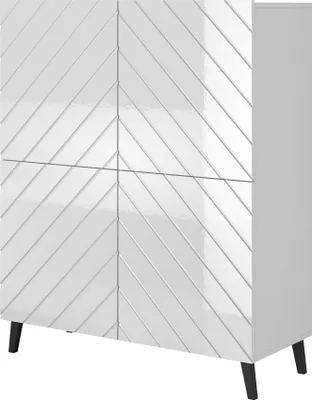 A white cabinet with a high-gloss finish and a geometric pattern on the doors, shown from a three-quarter angle.