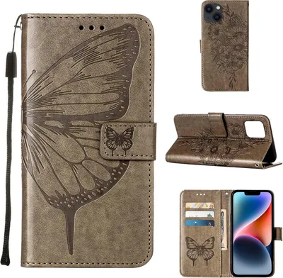 Produktbild von iPhone 14 Hülle, Schmetterling Prägung Flip Leder Kartenfächer Schutzhülle Ledertasche mit Ständer für iPhone 14 Grau