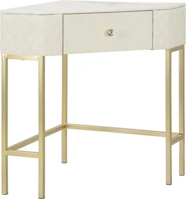 Image de Console D'Angle Sharon Glam, 84,5 X 60 X 77 Cm, Revêtement En Similicuir Matelassé Blanc Et Doré - Avec Tiroir Et Repose-Pieds - Design Luxueux