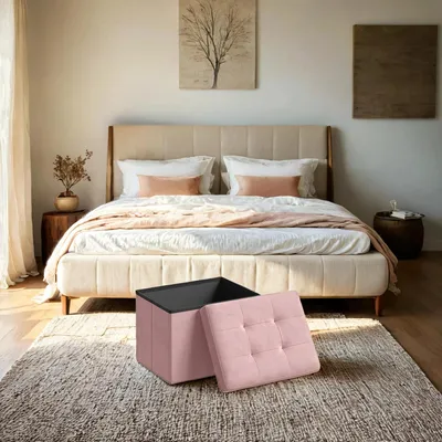 Produktbild von Sitzhocker mit Stauraum - Klappbare Sitzbank - Gepolsterte Sitzfläche - Holzrahmen - 31 x 41 x 31 cm - Rosa
