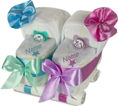 Produktbild von Windeltorte Zwillingswagen rosa/blau | Mit Name - personalisierbar