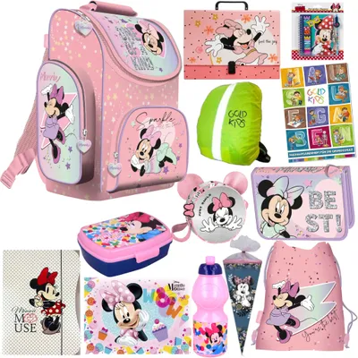 Produktbild von Goldkids - Set XXL 13er Schulranzen Ranzen Tornister Federmappe Turnbeutel Brotdose Trinkflasche Aktenmappe - Minnie Motiv 1-3 Klasse