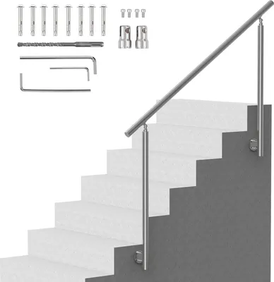 A stainless steel handrail installed on a set of stairs, with various mounting hardware and tools shown in the upper left corner.
