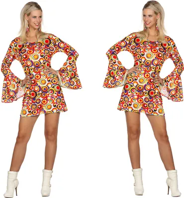Produktbild von Wilbers 70er Jahre Kleid Gr. 36 - 48 Trompetenärmel - Minikleid Kreismuster Hippie Gr. 36 - S