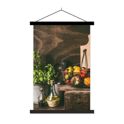 Produktbild von MuchoWow® Textilposter Gemüse - Kräuter - Rustikal - Stilleben - Basilikum 60x90 cm mit schwarzem Rahmen - Poster Wohnzimmer