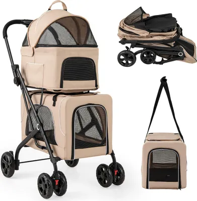Obrázek produktu pro COSTWAY kočárek pro psy 3 v 1, kočárek pro psy 2 patra s okny ze síťoviny, kapsy, polstrování, Oxford&metal, do 16 kg, přepravní taška na přepravku pro psy, skládací Béžový