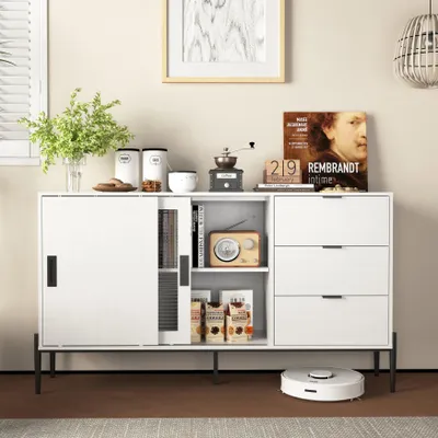 Produktbild von Sideboard 155 x 40 x 91,5 cm mit Glasschiebetür und 3 Schubladen, Weiß