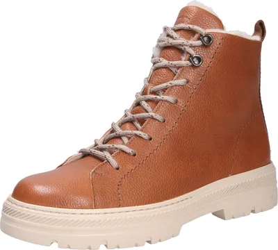A single brown leather boot with laces and a white sole, isolated on a white background.