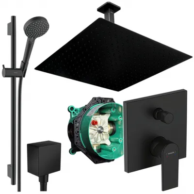 Produktbild von Hansgrohe und Jowi Unterputz Duschsystem Schwarz, Vernis Shape, 650mm Brausestange, Duscharmatur, 360mm Kopfbrause, Deckenanschluss
