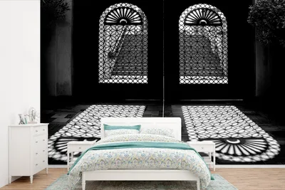 Produktbild von MuchoWow® Fototapete für Wohnzimmer oder Schlafzimmer Wandtapete Vinyl Motivtapete Türen - Muster - Schatten - Licht - 600x400 cm - Vinyltapeten