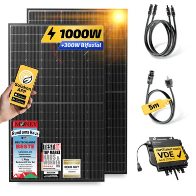 Produktbild von Balkonkraftwerk 1000W/800W Solaranlage Steckerfertig Komplettset Photovoltaik Anlage 800W, Kabellänge: 5m, Solakon - onBasic