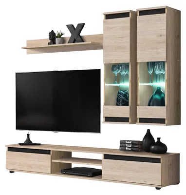 Produktbild von Wohnwand "Trigger" in Hickory Eiche und schwarz Schrankwand 4-teilig 175 cm, inkl. LED