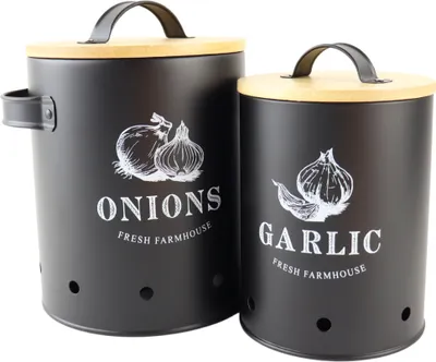 Produktbild von OTIX Vorratsgläser mit Deckel Schwarz Set von 2 Knoblauchtopf Zwiebeltopf Metall Bambus